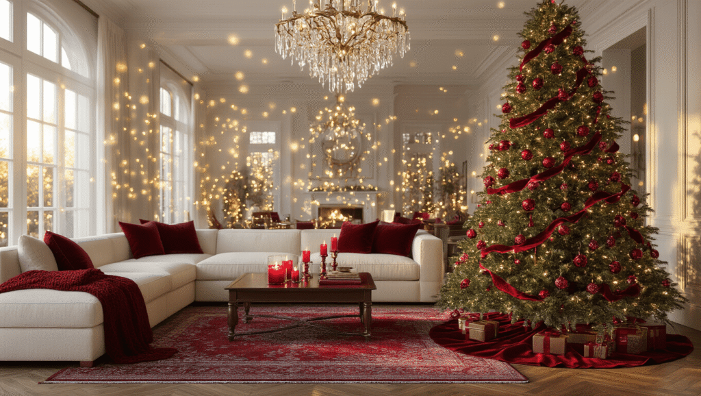 Cinematic wide-angle view of a luxurious living room adorned for Christmas, featuring a Noble Fir tree with ruby red ornaments, a cream sectional sofa, a mahogany coffee table with glowing candles, and cozy accents, all bathed in warm golden hour light.