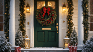 A beautifully decorated front door entrance for Christmas, featuring a large evergreen wreath with red berries and a golden bow, surrounded by snow-dusted steps, garland-wrapped columns, and glowing lanterns, all set against a deep forest green door and cream siding.