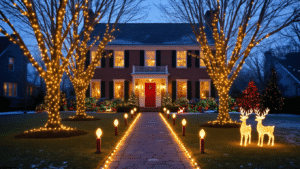 Cinematic twilight scene of a colonial home adorned with warm LED string lights, golden stake lights along a snowy pathway, a red front door, and decorated evergreen bushes, creating a magical holiday ambiance.