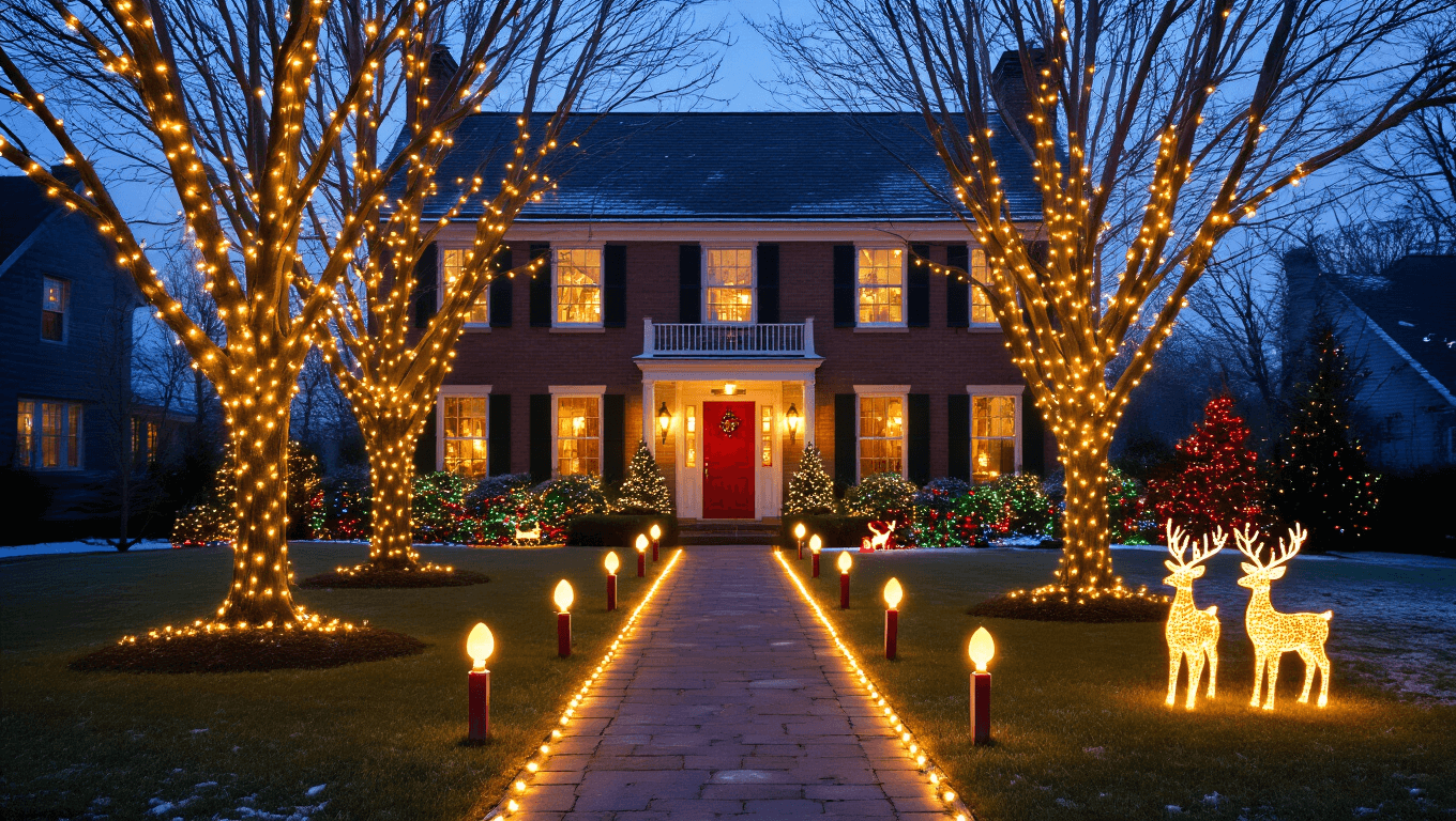 Cinematic twilight scene of a colonial home adorned with warm LED string lights, golden stake lights along a snowy pathway, a red front door, and decorated evergreen bushes, creating a magical holiday ambiance.