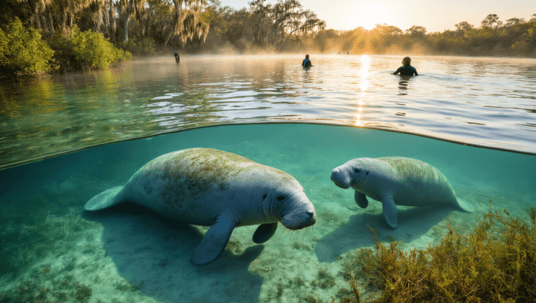 "Manatees swimming in crystal-clear 72-degree spring water at Crystal River with early morning mist, swimmers observing in background and lush vegetation capturing the serene wildlife sanctuary atmosphere at sunrise."