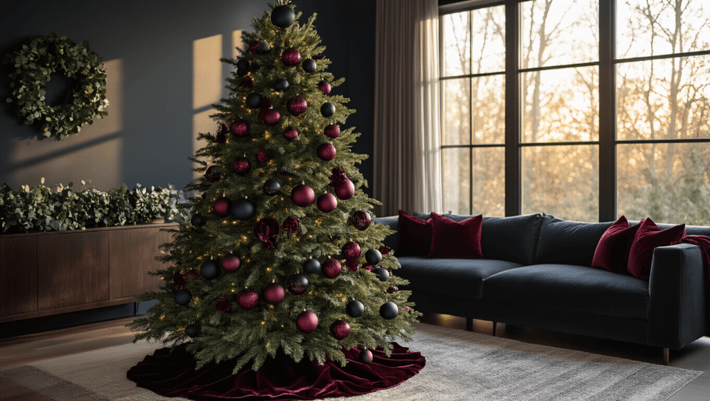 A sophisticated dark green Christmas tree in a modern living room, adorned with matte black and burgundy ornaments, velvet ribbons, and warm white lights, casting shadows on charcoal walls with a midnight navy accent wall.