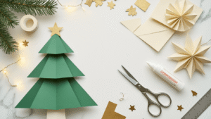 Photorealistic overhead view of a DIY paper Christmas tree crafting scene, featuring emerald green and cream cardstock, silver scissors, glue, a metal ruler, and lit fairy lights on a white marble surface.