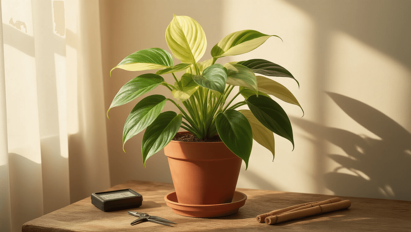 Cinematic close-up of a variegated Philodendron Florida Beauty in a terracotta pot on a rustic wooden surface, bathed in warm golden hour light, with moisture meter and pruning shears nearby, showcasing intricate leaf textures and a cozy plant parent aesthetic.