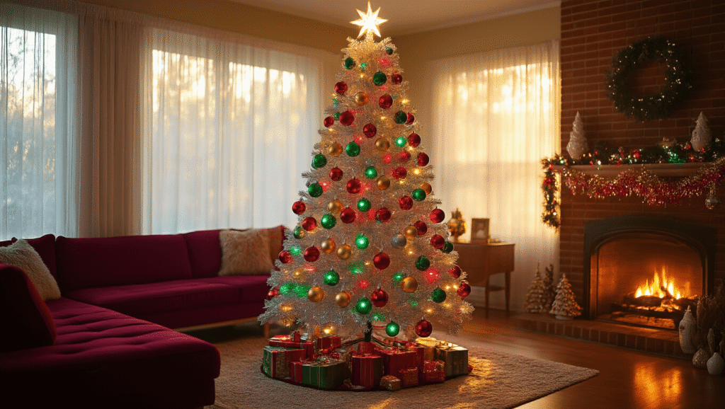 A retro aluminum Christmas tree adorned with vintage glass ornaments and multicolor lights in a cozy mid-century living room, featuring warm sunlight, plush furniture, and a glowing fireplace.