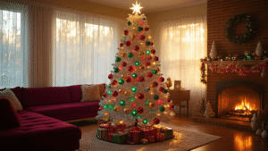 A retro aluminum Christmas tree adorned with vintage glass ornaments and multicolor lights in a cozy mid-century living room, featuring warm sunlight, plush furniture, and a glowing fireplace.