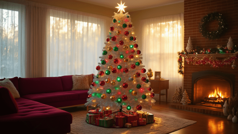 A retro aluminum Christmas tree adorned with vintage glass ornaments and multicolor lights in a cozy mid-century living room, featuring warm sunlight, plush furniture, and a glowing fireplace.