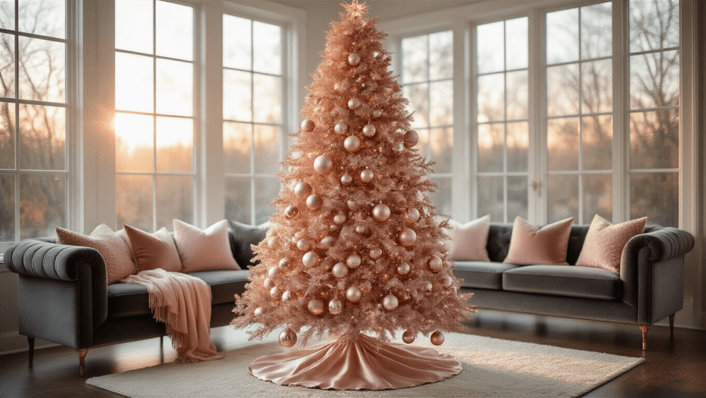 A beautifully decorated 7-foot rose gold Christmas tree in a modern living room, featuring metallic ornaments, blush baubles, soft ribbon, and a eucalyptus arrangement, set against a backdrop of warm natural light, elegant velvet furnishings, and polished hardwood floors.
