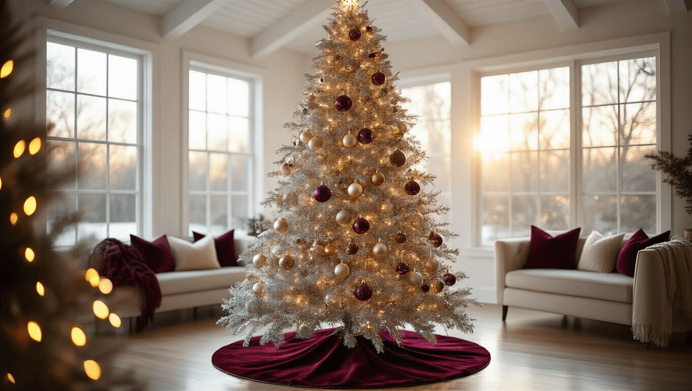 Elegant living room with a stunning silver tinsel Christmas tree adorned with champagne and platinum ornaments, warm white lights, and a burgundy velvet tree skirt, surrounded by mid-century modern furniture and cozy decor, all lit by golden hour sunlight.