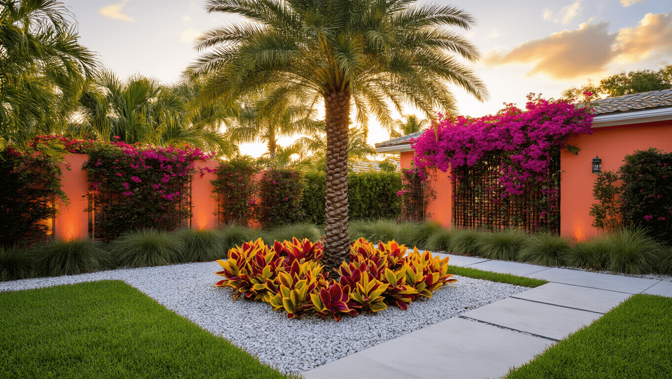 Cinematic wide-angle shot of a tropical front yard in South Florida featuring a foxtail palm, vibrant crotons, purple bougainvillea, pink pentas, and gently swaying muhly grass, with a coral stucco home and dramatic lighting at golden hour.