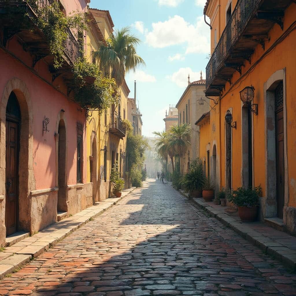 Empty cobblestone street in St. Augustine, Florida, flanked by pastel-colored Spanish colonial buildings in soft morning light, revealing detailed textures of aged brick and weathered facades.