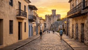 "Tourists exploring a cobblestone street in St. Augustine with pastel Spanish colonial buildings, ancient Castillo de San Marcos in the distance, under a golden sunset creating a living history museum feel"
