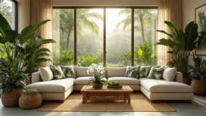 Photorealistic tropical living room featuring floor-to-ceiling windows, neutral sectional with palm-printed pillows, rattan coffee table with orchids, jute rugs, and lush plants in warm earth tones, illuminated by golden hour sunlight.