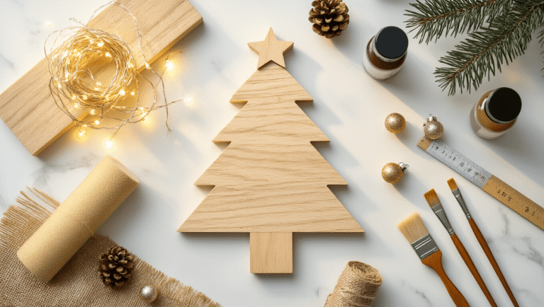 Cinematic overhead shot of a wooden Christmas tree crafting setup on a marble surface, featuring natural wood supplies, tools, miniature lights, and decorative elements, all bathed in warm golden hour light.