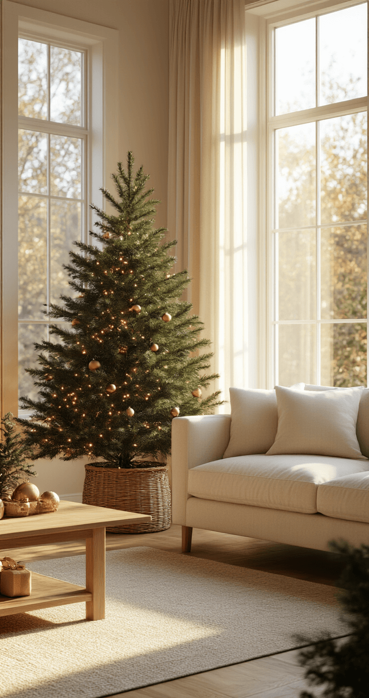 Photorealistic interior of a modern living room at golden hour, featuring a Norfolk Island Pine as a Christmas tree in a woven basket, adorned with warm white fairy lights and minimal copper ornaments. The 12x15 foot space has floor-to-ceiling windows allowing amber light to illuminate hardwood floors, with a cream linen sofa and natural wood coffee table enhancing the decor. Shot from eye level at a 3/4 angle, showcasing the interplay of light and greenery.