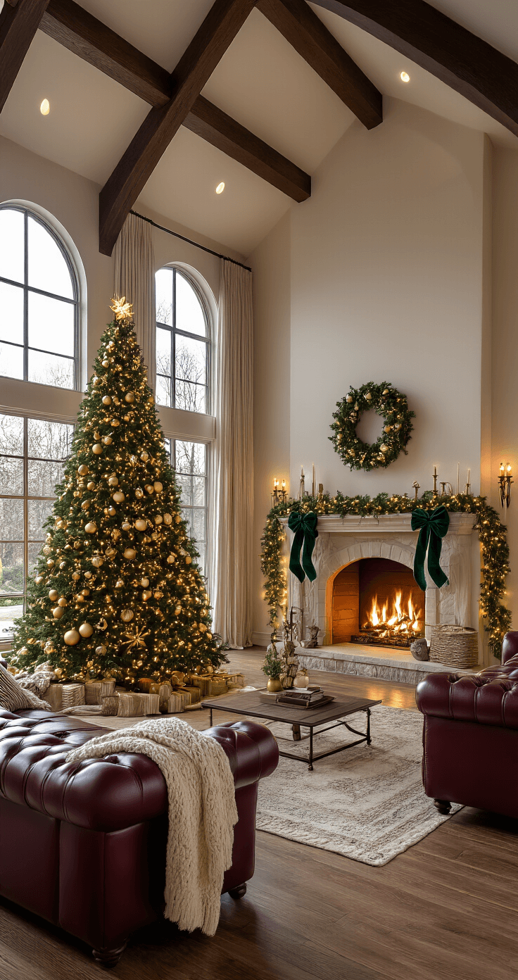 Cinematic wide-angle view of a grand living room at golden hour, featuring a cathedral ceiling, a decorated Christmas tree by large windows, and a cozy sofa facing a fireplace, all enhanced by warm lighting and intimate foreground details.
