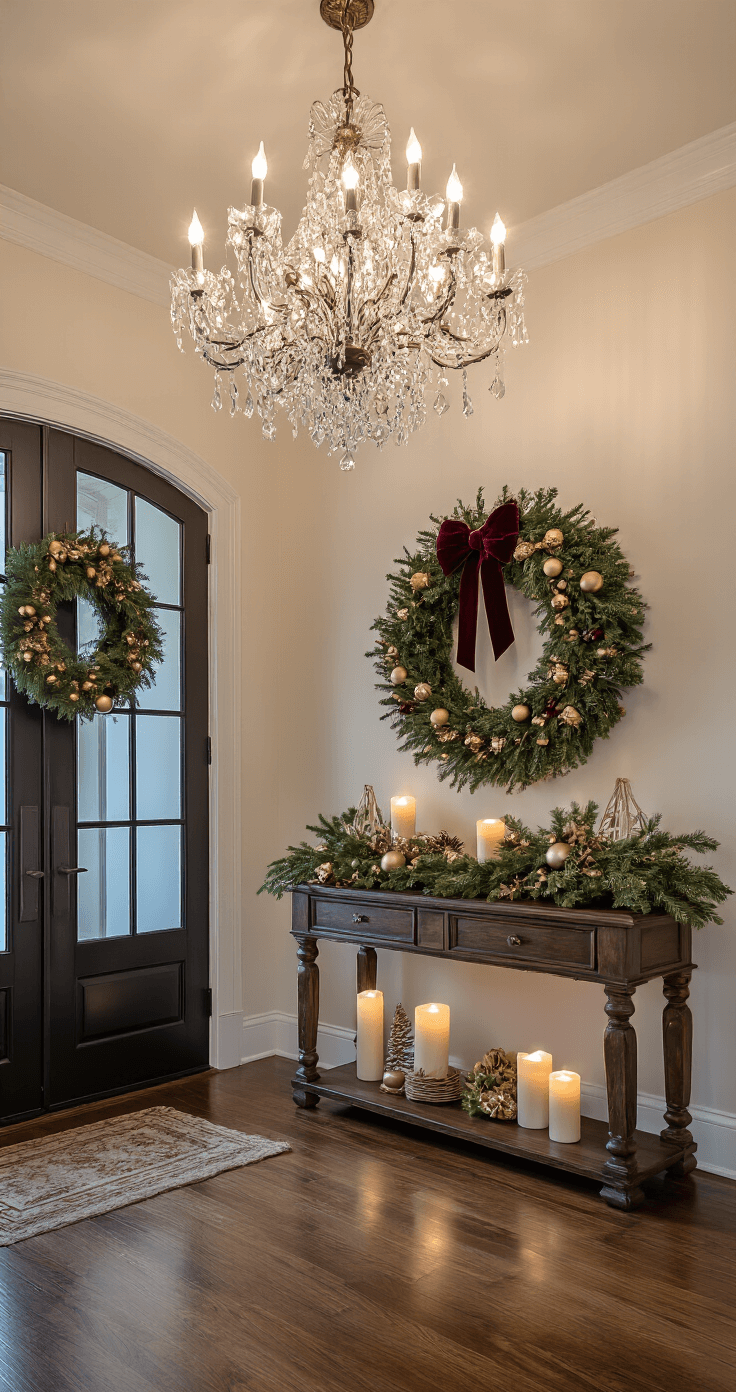 A dramatic low-angle view of an elegant foyer at blue hour, featuring a statement chandelier, an oversized wreath on a dark wooden door, a vintage console table with LED candles and greenery, and warm candlelight reflecting on rich hardwood floors, all against soft cream plaster walls.