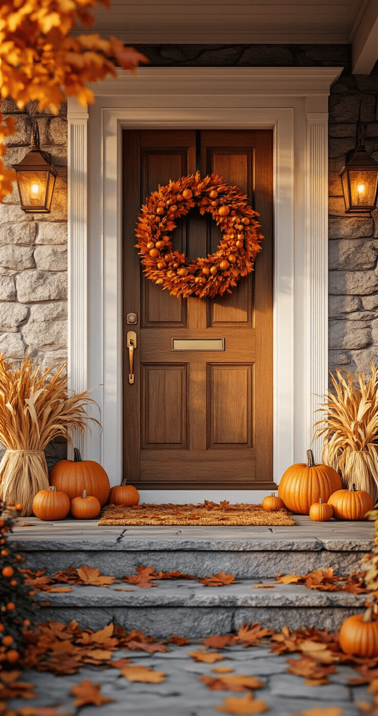 Photorealistic front door adorned with a large autumn wreath of miniature pumpkins, corn husks, and burgundy maple leaves, framed by a warm wooden door and aged brass hardware. Stone steps strewn with fallen leaves lead up to cozy porch lanterns emitting an amber glow, all captured in golden hour lighting from a slight low angle, evoking a warm, rustic farmhouse charm.