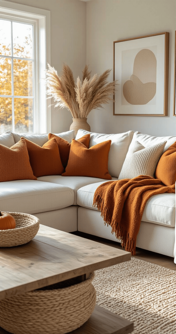 Cozy living room corner with a cream sectional sofa adorned with burnt orange throws and fall-themed pillows, complemented by woven jute baskets, a wooden coffee table, and pampas grass arrangements, all illuminated by soft morning light.