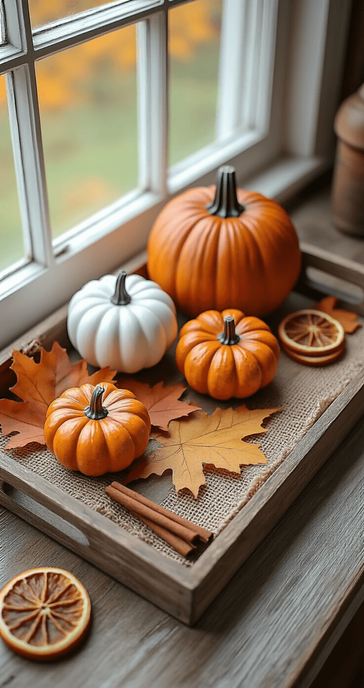 Rustic wooden tray decorated with autumn maple leaves, small ceramic pumpkins, cinnamon sticks, and dried orange slices, all styled in warm amber tones under natural lighting on a weathered oak surface.