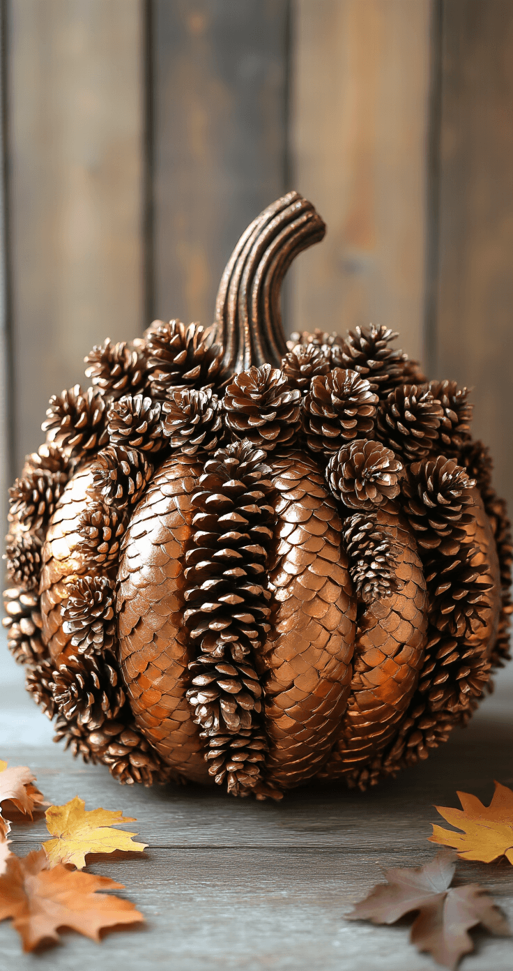 Creative pinecone pumpkin sculpture featuring a large foam pumpkin base covered in natural pinecones, accented with a metallic copper spray finish. The warm studio lighting enhances the gleaming surface, set against a rustic wooden backdrop with scattered autumn elements, showcasing rich textural contrasts. Macro detail shot captures the craftsmanship and dramatic side lighting highlights the shimmer and textures.