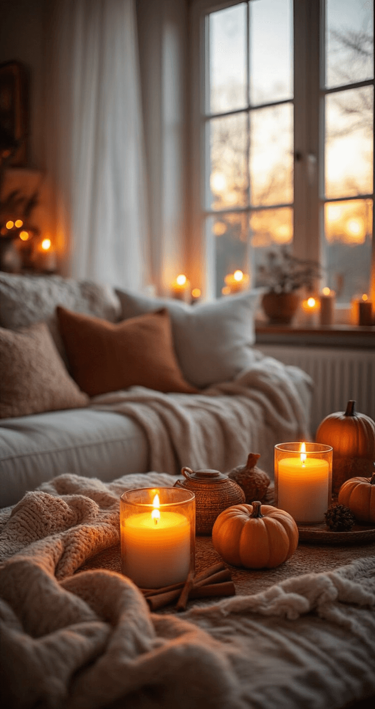 A cozy living room at twilight, filled with flickering seasonal candles casting warm amber light, showcasing a blend of vintage and modern decor amidst layered textiles, exuding scents of cinnamon and pumpkin spice.