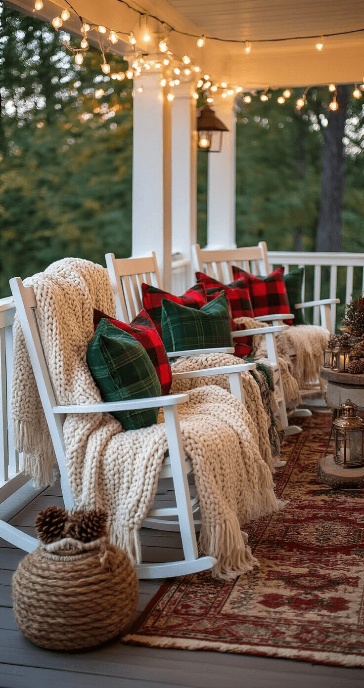 Cozy porch seating area at dusk featuring white rocking chairs with knit throws, red plaid pillows, soft blankets, string lights for ambient lighting, and brass lanterns, creating an inviting atmosphere perfect for relaxation.