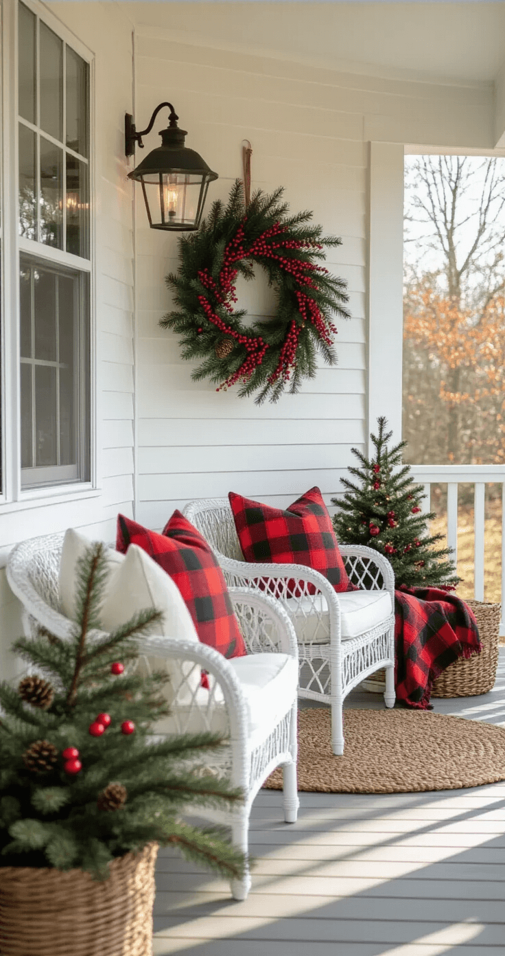 A brightly lit porch transformed for the holidays using natural foraged materials like pine branches and red winterberries, featuring repurposed household items as decor, simple white furniture with plaid textiles, string lights, and weather-resistant elements, all arranged in a clean, professional style.