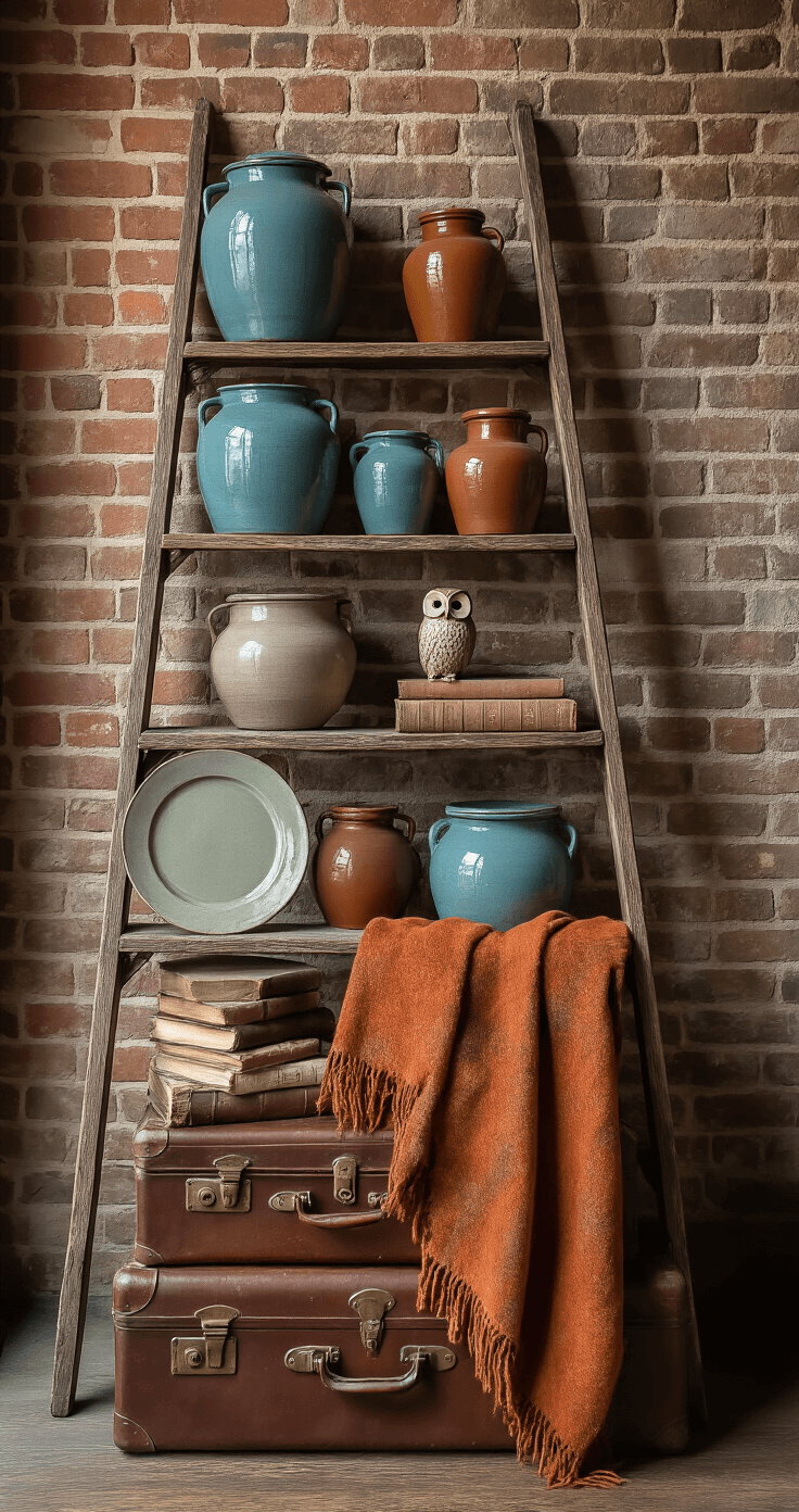 Intimate entryway vignette with a vintage wooden stepladder against an exposed brick wall, topped with blue and brown stoneware crocks, weathered leather suitcases stacked below, draped with a burnt orange wool blanket, an antique ironstone plate propped against the wall, vintage books scattered around, and a ceramic owl figurine, all illuminated by soft side lighting creating dramatic shadows.