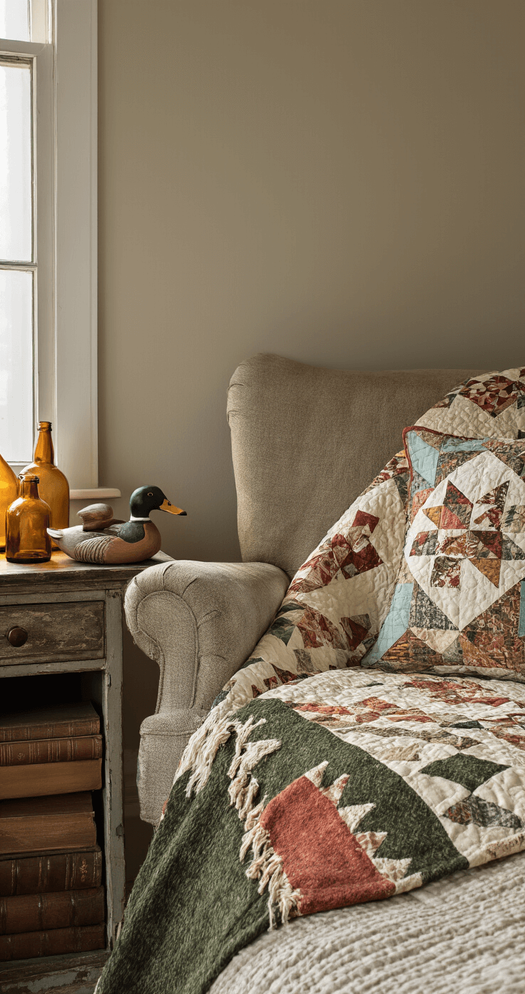 Cozy bedroom corner with an upholstered armchair draped with a vintage quilt, a wooden duck decoy on antique books, a forest green and rust wool blanket at the bed's foot, and amber glass bottles on a distressed table, all illuminated by soft morning light.