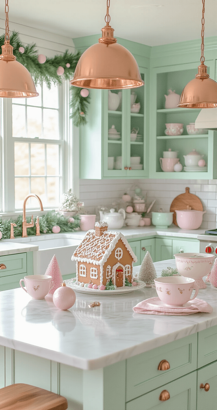 A whimsical pastel Christmas kitchen featuring mint green cabinets, marble countertops, and a gingerbread house centerpiece, decorated with vintage milk glass, pastel ornaments, and warm copper pendant lights, under morning sunlight.