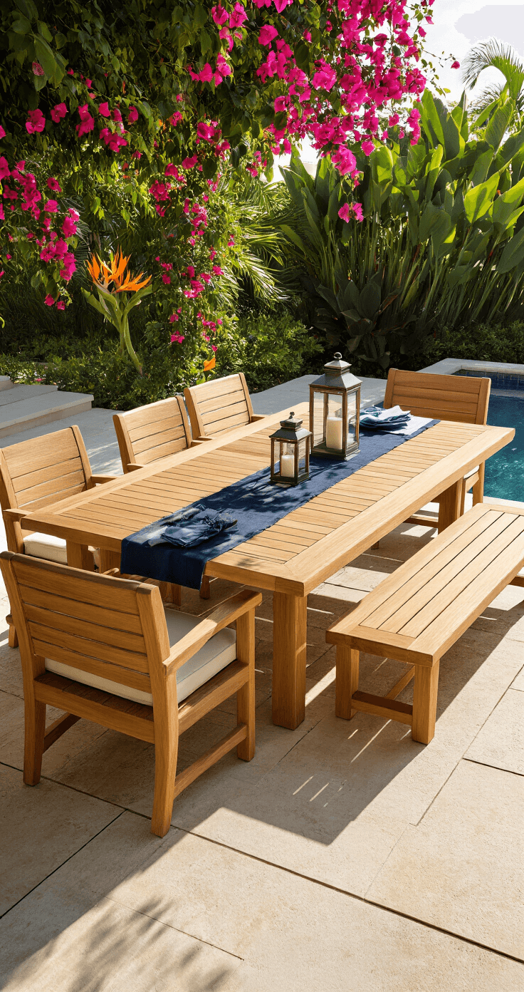 A luxurious teak outdoor dining set featuring a 12-foot rectangular table, benches, and chairs on a spacious Florida patio, highlighted by rich honey-colored wood grain, with dramatic afternoon lighting, limestone pavers, bougainvillea and bird of paradise plants in the background, and a coastal blue table runner adorned with hurricane lanterns, all captured from a low angle to emphasize craftsmanship.