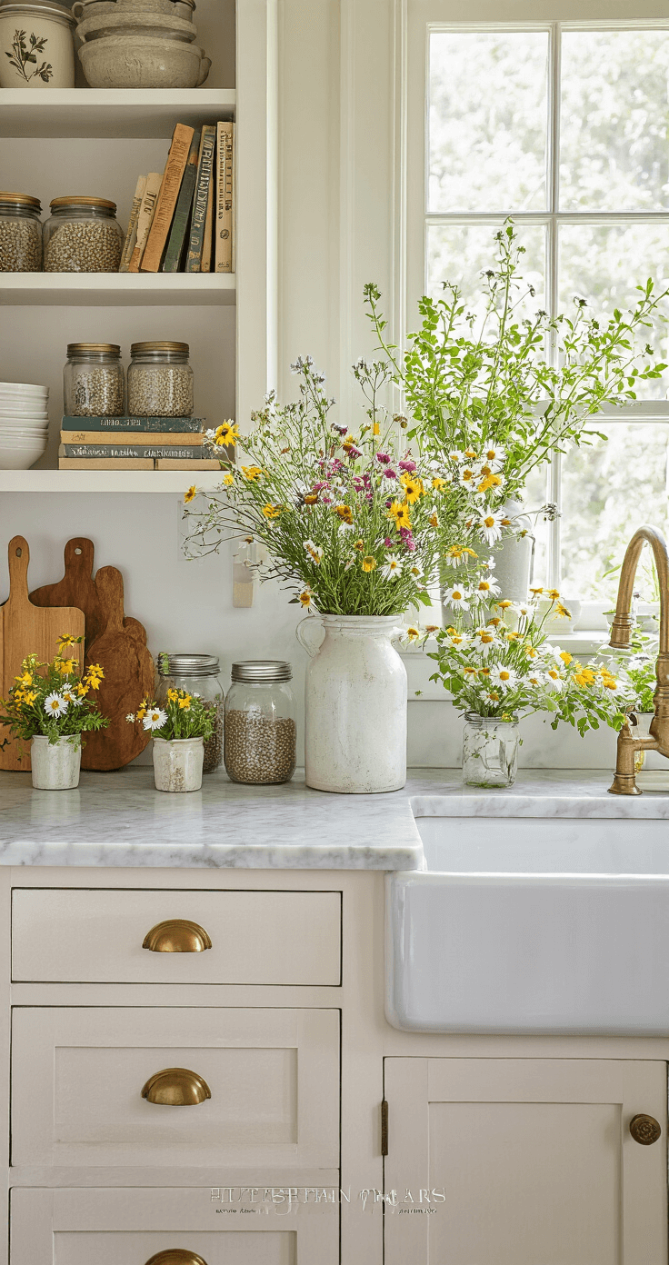 Charming kitchen island adorned with budget-friendly wildflower arrangements in repurposed containers, natural afternoon light illuminating a marble countertop with mason jar seed displays, open shelving showcasing botanical books, a farmhouse sink with a view of a window herb garden, white cabinetry with brass hardware, and vintage wooden cutting boards.