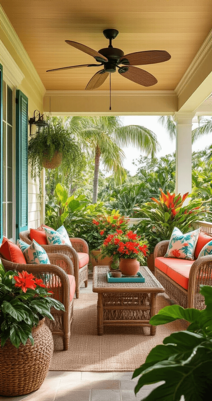 Vibrant Florida porch with all-weather wicker furniture, coral and aqua cushions, terracotta planters of crotons and hibiscus, a ceiling fan with warm lighting, coastal-inspired accessories on a wood side table, a woven basket for pillows, soft green caladium leaves, and golden sunlight illuminating the inviting atmosphere.