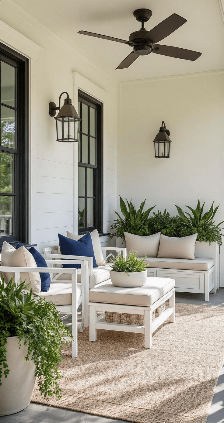 A practical Florida front porch featuring soft white powder-coated aluminum furniture with sandy beige and navy blue cushions, large planters of drought-resistant succulents, a storage bench, a geometric flat-weave outdoor rug, modern brushed nickel sconces, and an LED ceiling fan, illuminated by midday sunlight.