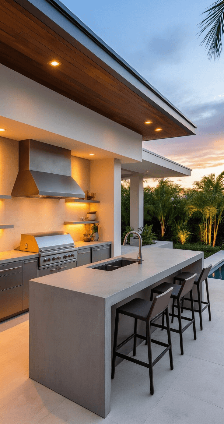 Contemporary Florida outdoor kitchen with concrete countertops, sleek aluminum framing, built-in stainless steel appliances, minimalist design, integrated lighting, tropical landscaping, bar area with modern stools, and sunset ambiance highlighting architectural details.