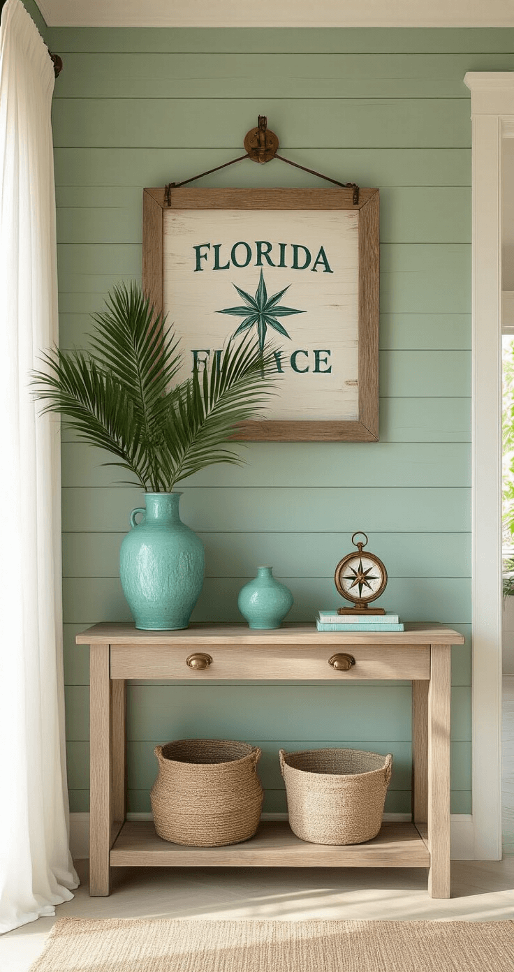 Photorealistic coastal Florida-inspired entryway featuring a sage green shiplap wall with a large wood-framed welcome sign, vintage turquoise vase with palm fronds, and a weathered oak console table with a brass compass, all illuminated by soft morning light filtering through white curtains.