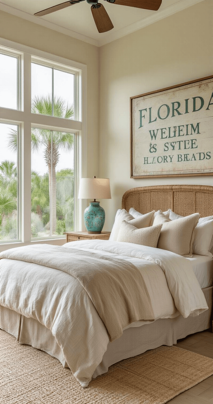 Sophisticated Florida coastal bedroom featuring a vintage welcome sign, soft linen bedding in sandy neutrals, a rattan headboard, and oversized windows with a palm tree view, accented by ceramic lamps in coral and turquoise, all bathed in soft morning light for an ethereal atmosphere.