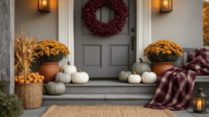 Cinematic autumn front door scene featuring a burgundy floral wreath, heirloom pumpkins, ceramic planters with golden mums, outdoor rugs, antique brass lanterns, and a rustic bench, all bathed in warm golden hour light, showcasing rich textures and a cozy ambiance.