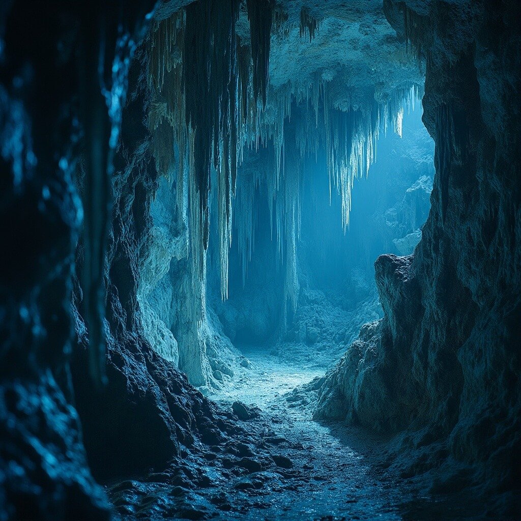 Ultra-high resolution image of intricate stalactite and stalagmite structures in an underground limestone cave with blue-gray tones, captured using professional spelunking photography techniques.