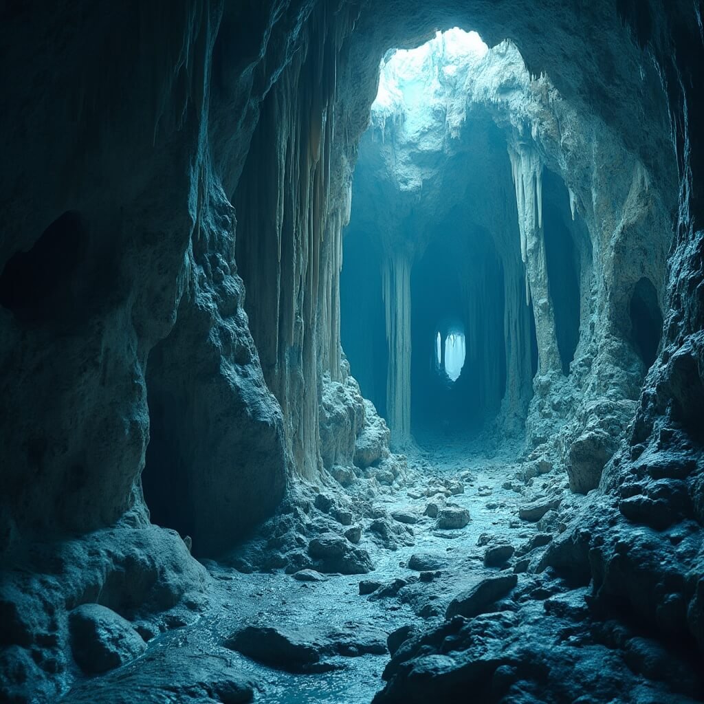 Hyper-realistic photograph of intricate limestone formations in an underground cave with dramatic side-lighting, showcasing detailed stalactites and stalagmites in a cool blue-gray color palette.