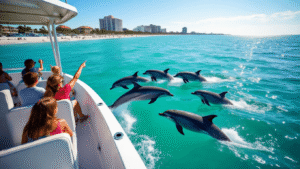 "Dolphin watching tour boat on turquoise waters near Clearwater Beach with dolphins leaping alongside and families pointing, Clearwater coastline visible in the background."
