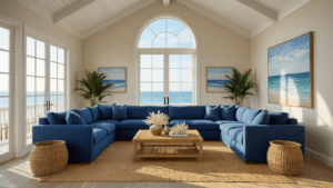 Photorealistic coastal living room featuring a vaulted white oak ceiling, deep ocean blue sectional sofa, jute rug, and warm golden hour sunlight streaming through large windows, complemented by rattan furniture, coastal artwork, and natural decor accents.