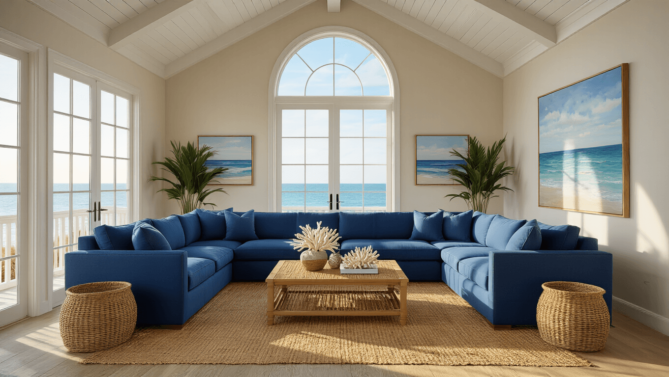 Photorealistic coastal living room featuring a vaulted white oak ceiling, deep ocean blue sectional sofa, jute rug, and warm golden hour sunlight streaming through large windows, complemented by rattan furniture, coastal artwork, and natural decor accents.