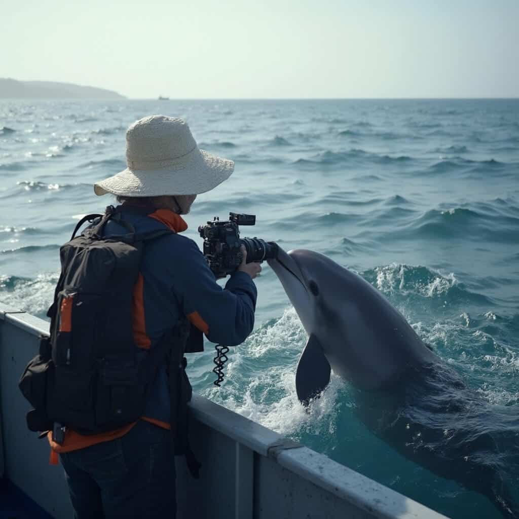 Wildlife photographer on a boat deck capturing a mother dolphin teaching her calf to hunt with a high-end waterproof camera, under soft morning light with the ocean in the background