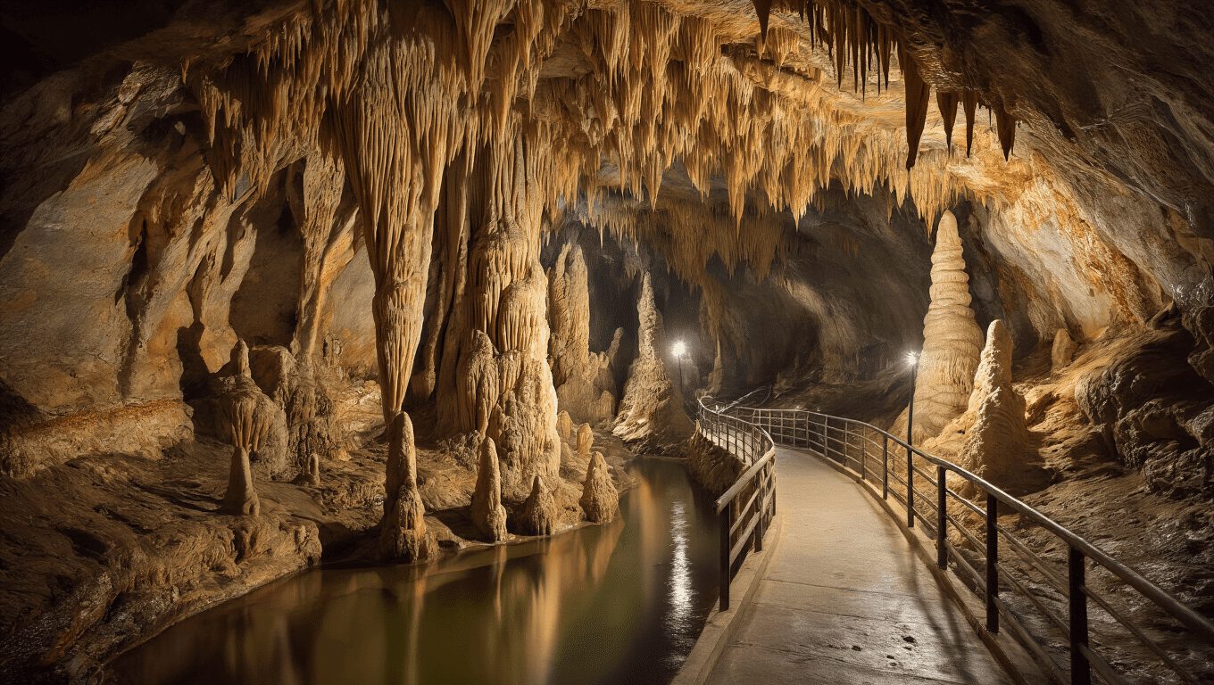 "Underground limestone cavern lit by warm tour lighting, featuring large stalactites, stalagmites, soda straw formations and limestone columns, with a concrete walkway meandering through the narrow passage. Rich geological layers and mineral stains adorn the cave walls, while subtle water reflections suggest an underground river system, in the cool and mysterious setting of Florida Caverns State Park."