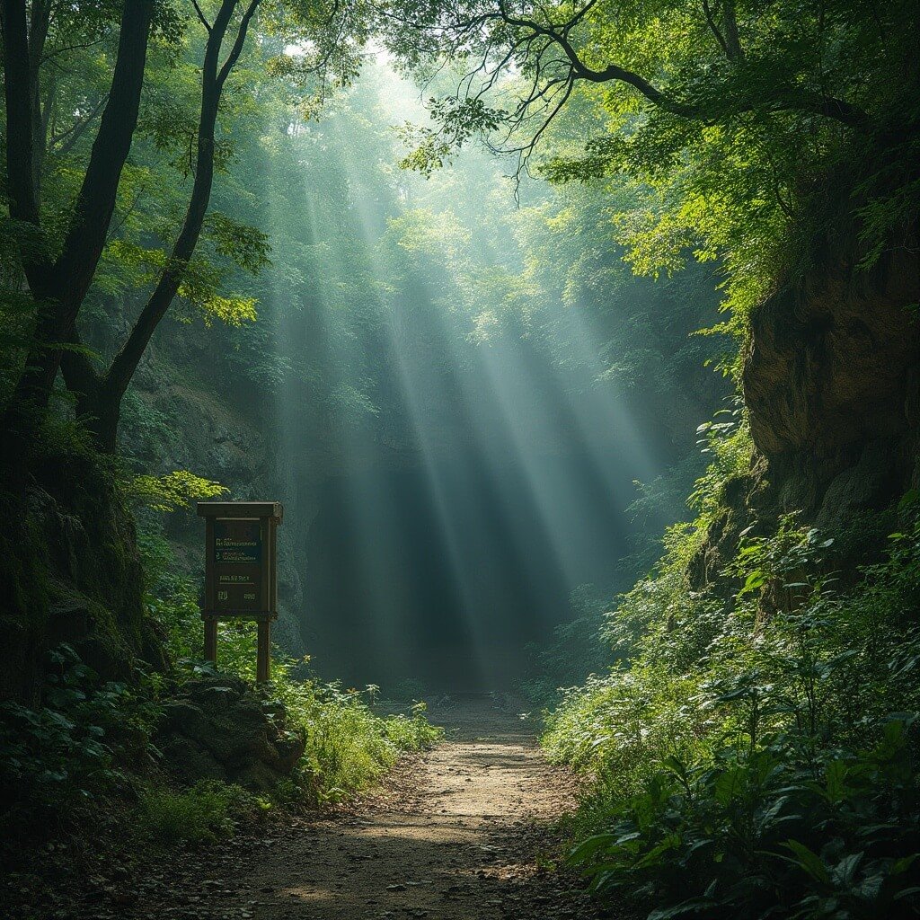 Panoramic view of Florida Caverns State Park entrance with lush forest, limestone cave mouth, park signage, and rising mist in the morning light.