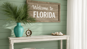 Photorealistic entryway inspired by coastal Florida, featuring a sage green shiplap wall, a weathered wood-framed "Welcome to Florida" sign, a vintage turquoise vase with palm fronds, and a weathered white oak console table adorned with brass compass and seashells, illuminated by soft morning light filtering through sheer white curtains.