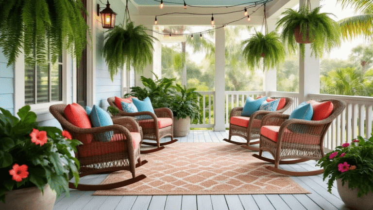 Cinematic wide shot of a cozy Florida front porch featuring weathered wicker rocking chairs with coral and aqua cushions, surrounded by vibrant hibiscus, Boston ferns, and warm Edison string lights.