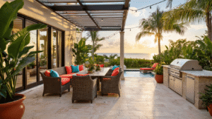 Luxurious Florida patio with aluminum furniture, travertine flooring, vibrant tropical plants, and ambient sunset lighting.